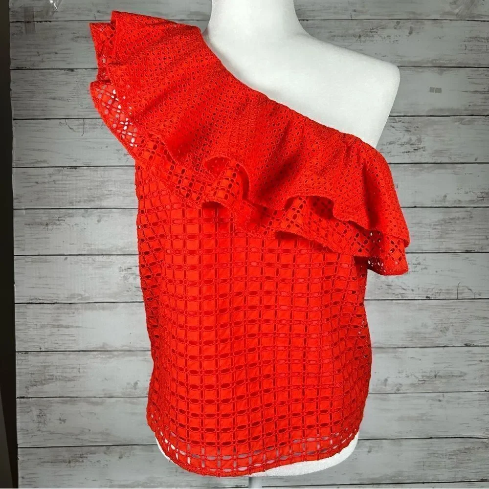 J. Crew One Shoulder Cotton Eyelet Ruffle Red Lined Top 2 Runs Medium 6/8